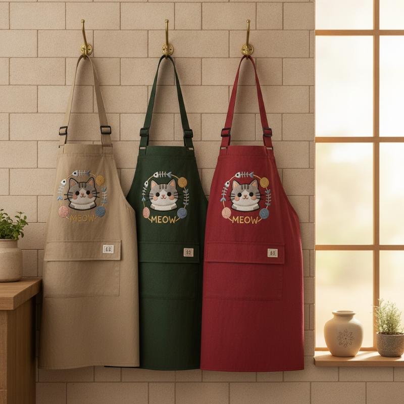 Home Cooking For Cats - 刺繍が施された猫柄のキッチンエプロン。防水・油汚れ防止加工。首元の紐は長さ調節可能。家庭での料理、お菓子作り、バーベキューなどに最適。