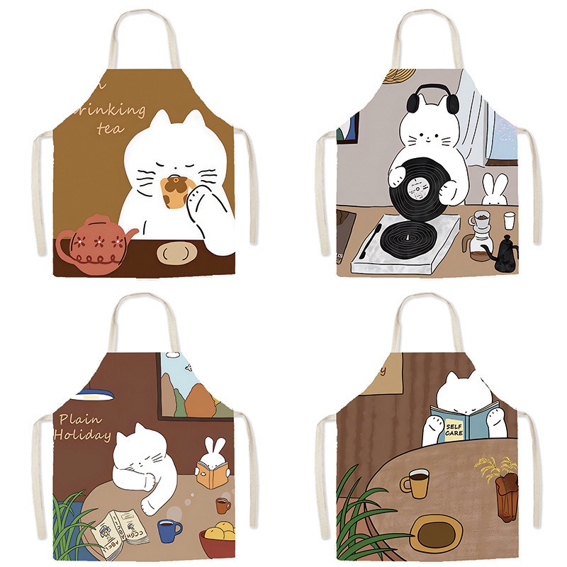 Home Cooking For Cats - かわいい白猫プリントエプロン居心地の良いコーヒーティータイムクッキングビブ女性用カフェバリスタベーキングピナフォアホームキッチンアクセサリー