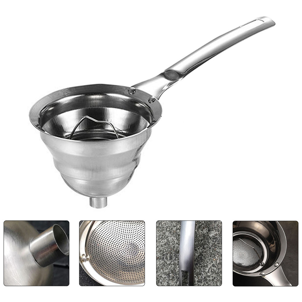 Home Cooking Kitchen - ステンレス製オイルフィルタースプーン 1個。長柄で、オイルを濾過するのに便利な漏斗型。キッチン用品、調理器具。家庭用、レストラン用、ホテル用。シルバー。