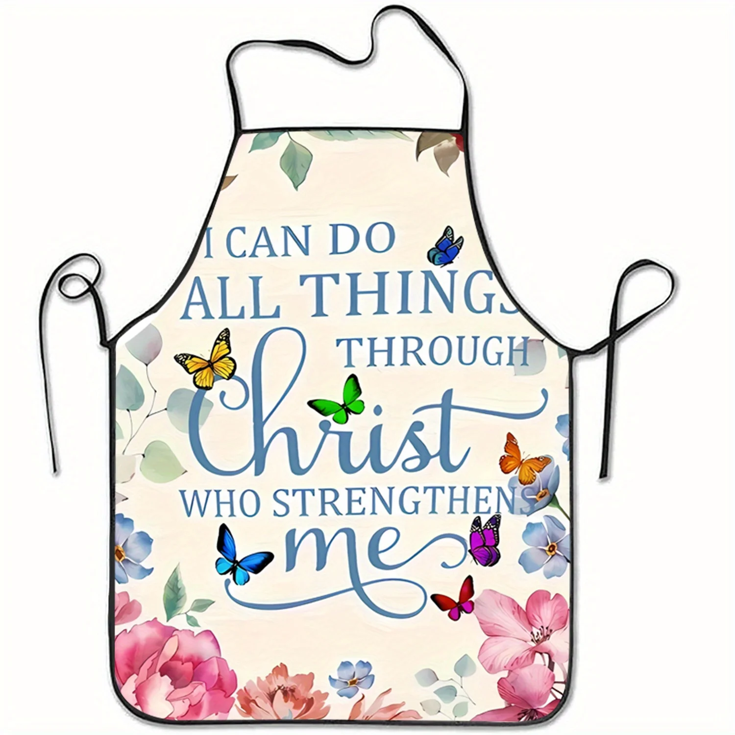 Home Cooking Quotes - 1pc インスピレーションを与える宗教的な引用と蝶の花柄プリントのノースリーブポリエステルエプロン、家庭のキッチンでのベーキングや料理に最適
