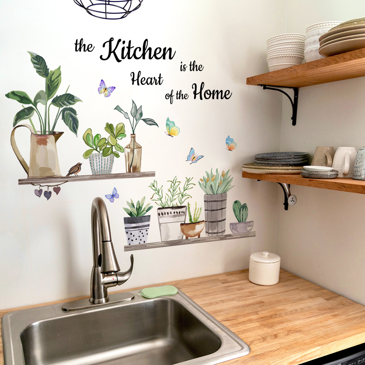 Home Cooking Quotes - キッチン緑の植物調理アート蝶の花キッチン引用ウォールステッカーアート家の装飾壁飾り