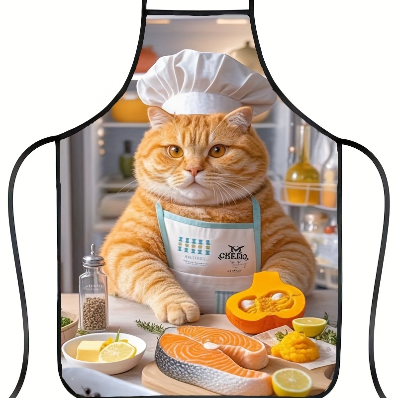 Home Cooking For Cats - オレンジ色の猫のシェフエプロン1枚、遊び心のあるキッチンデザイン、かわいい料理猫の柄、家庭やカフェでの使用に最適、猫エプロン | プレイフ