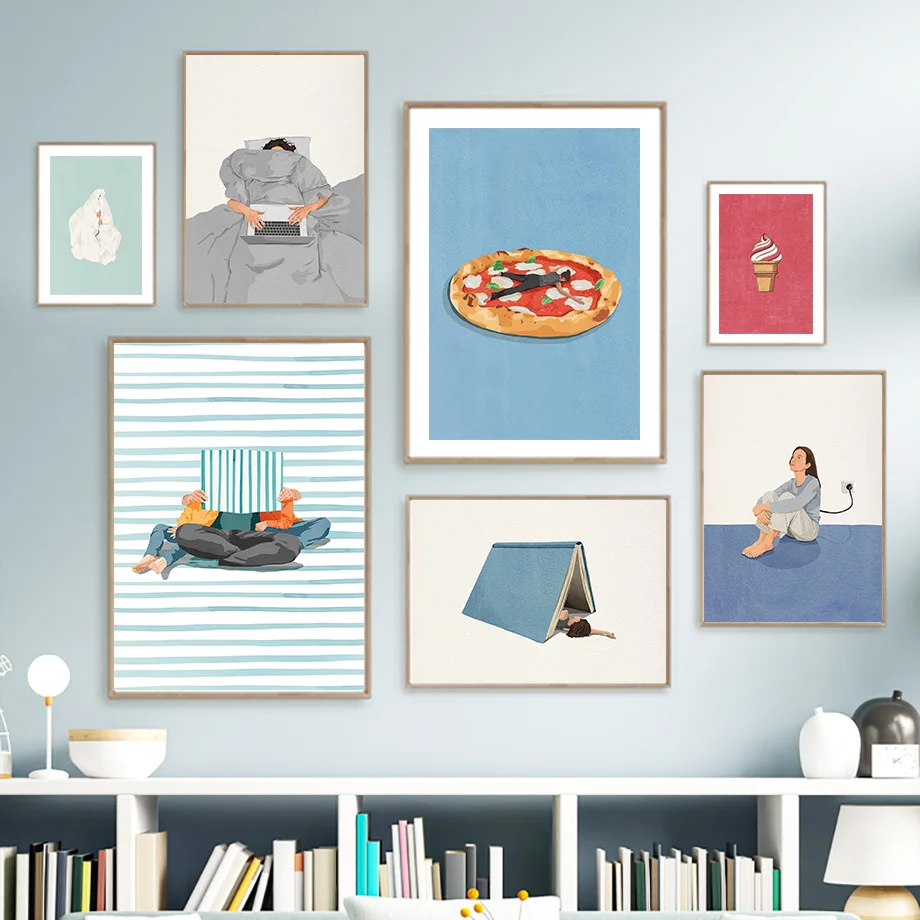 Home Cooking Reading - ユーモラスな面白いチャージコーヒー読書睡眠料理ピザポスターアートプリントキャンバス絵画壁の写真リビングルームの家の装飾