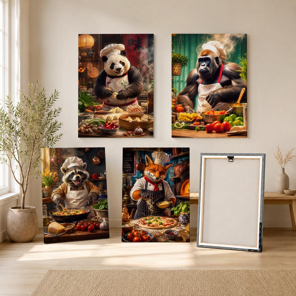 Home Cooking Kitchen - ゴリラの料理を描いたキッチンの額入り壁画、すぐに飾れるキャンバスアートポスター、リビングルームや寝室の家の装飾に。