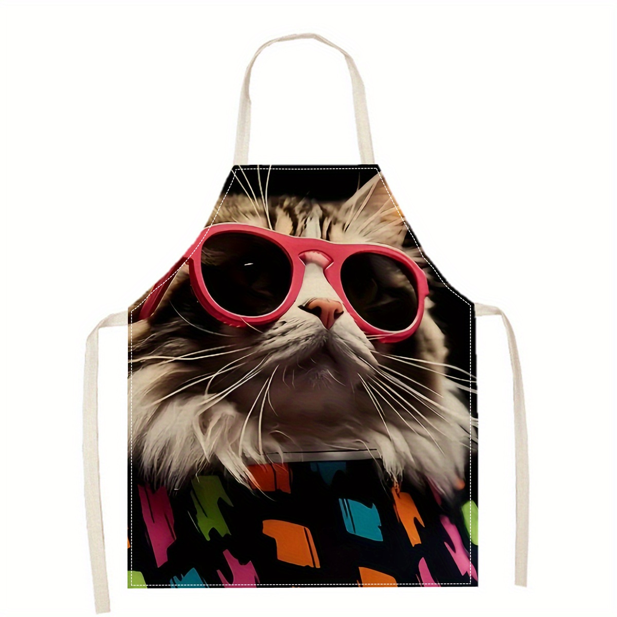 Home Cooking For Cats - リネンエプロン 面白い猫のサングラスプリント キッチン 調理 ベーキング ガーデニング