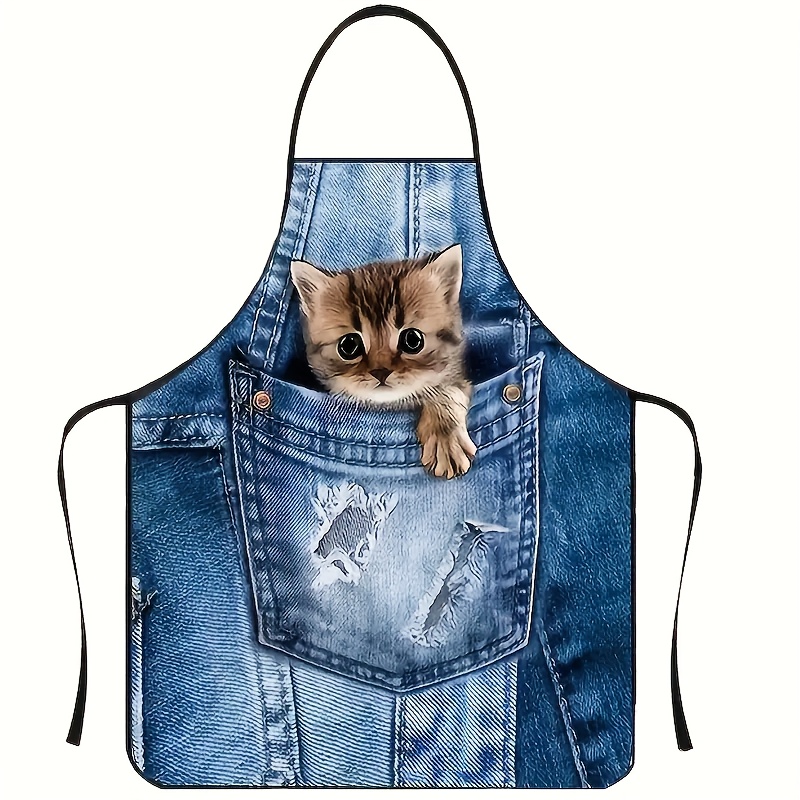 かわいいデニムブルーポケットキャットキッチンエプロン1個、料 - Home Cooking For Cats のレビューと価格