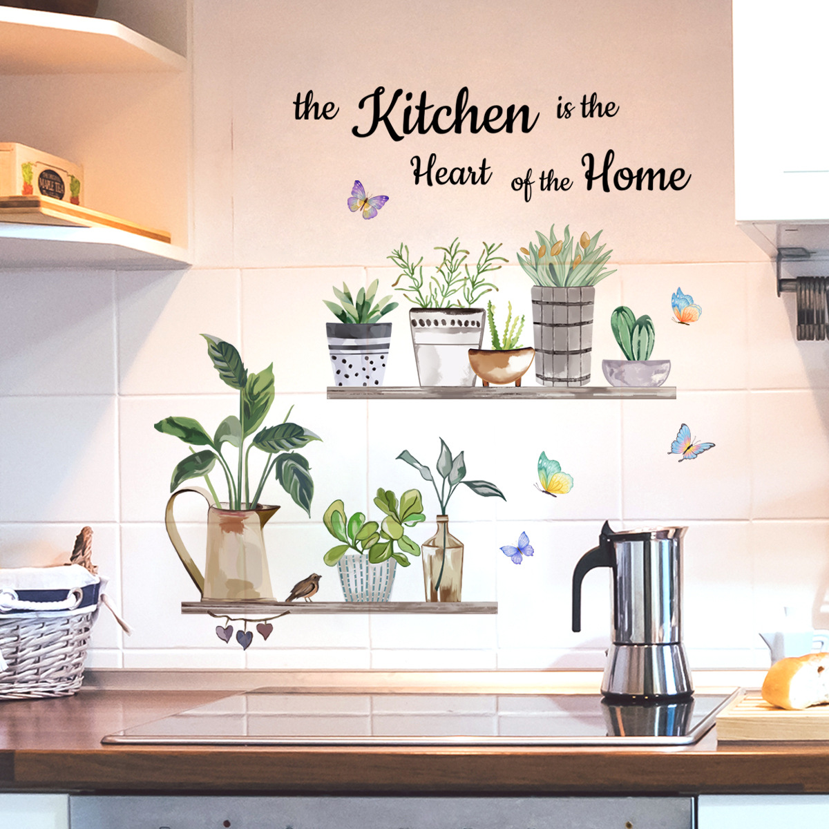 キッチン緑の植物調理アート蝶の花キッチン引用ウォールステッカ - Home Cooking Quotes のレビューと価格