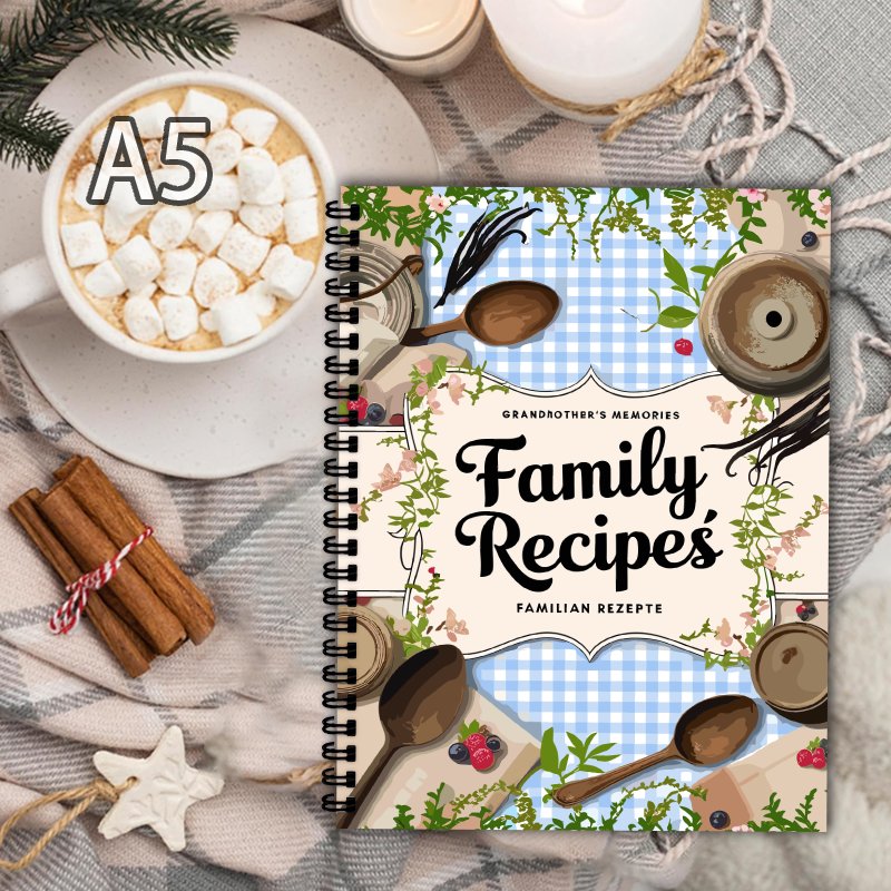 A5レシピブック、ブルーグリッド、蔓模様デザイン、家庭料理愛 - Home Cooking Recipe のレビューと価格